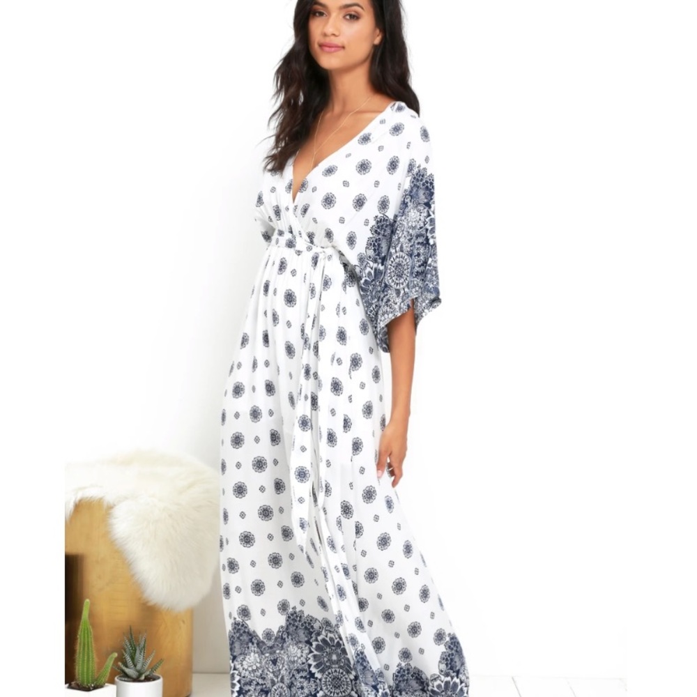 South of France Blue and Ivory Print Maxi Dress